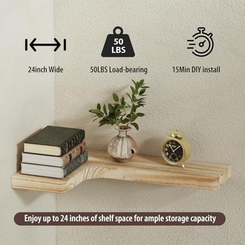 SAUMONIERES Corner Floating Shelves 24 Inch Wall Mount Shelf Solid Wood - Image 5