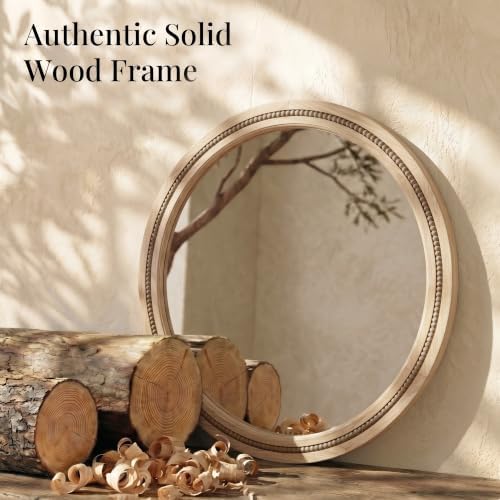 Solid Wood 30 Inch Round Beaded Vanity Wall Mirror, Natural Wood - Image 4