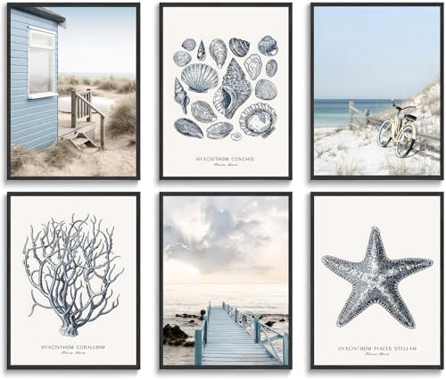 6Pcs Blue Beach Wall Art Preppy Beach Hut Wall Decor Pictures Ocean Boho Reed by Tainilen
