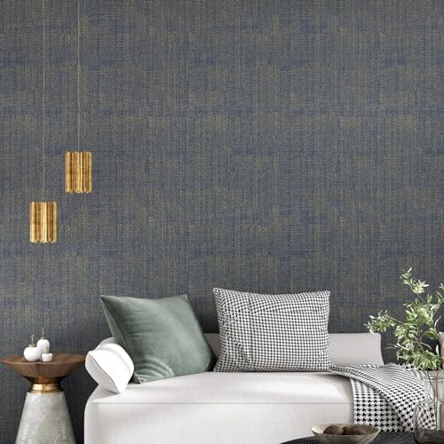 YENHOME Blue Gold Herringbone Grasscloth Peel and Stick Wallpaper 17.7"x118" by Yenhome