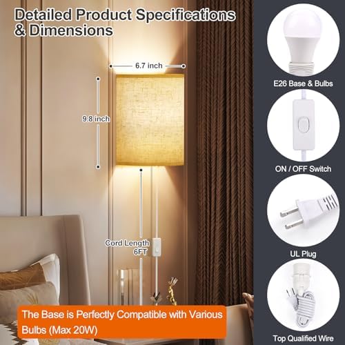 Yunaking Plug in Wall Sconces Set of Two Wall Lights - Image 5