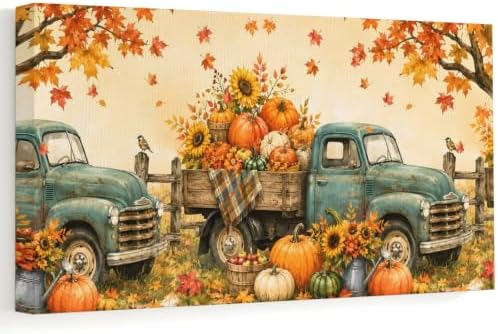 Fall Farmhouse Large Wall Art Vintage Truck Pumpkins Sunflower Maple Leaf by Prime+Leader