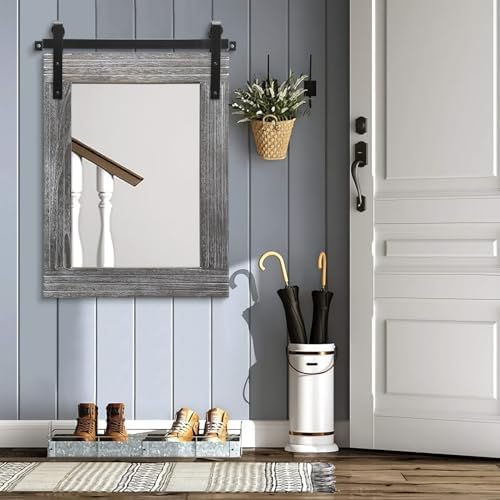 AAZZKANG Barn Door Rustic Mirror Large Wood Framed Wall Mirror 30"x22" - Image 7