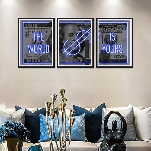 Black Framed Canvas Wall Art 100 Dollar Money The World is Yours Painting 3 - Image 4
