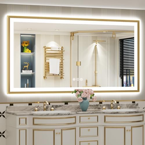 72x40 Gold Beveled LED Lighted Bathroom Mirror, Backlit & Front Lit by Awandee