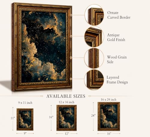 Vintage Gold Framed Moody Celestial Canvas Wall Art Retro Cloud Abstract Night - Image 2