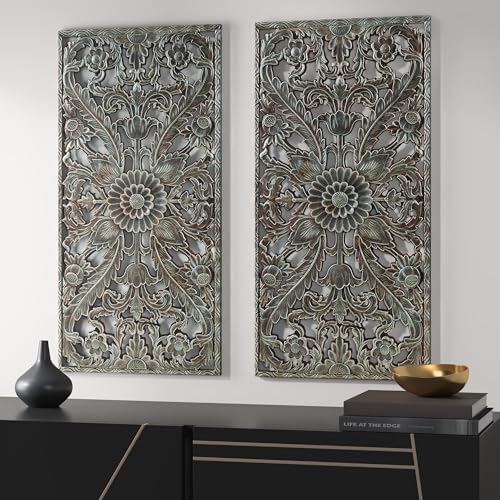 Madison Park Carved Wood Wall Art 2 Piece, Floral Wooden Carving Wall Decor - Image 3