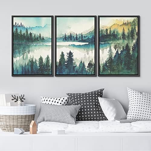 MUDECOR Framed Canvas Print Wall Art Set Watercolor Teal Emerald Green Mountain - Image 3