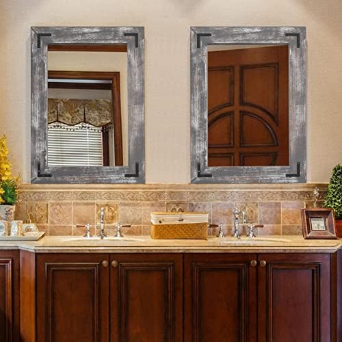 YOSHOOT Rustic Wooden Framed Wall Mirror, Natural Wood Bathroom Vanity Mirror - Image 6