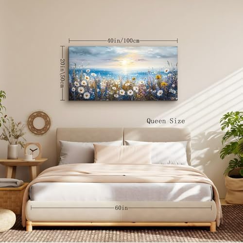crmotu Seaside Landscape Wall Art, Beach Wildflower Sunset Large Paintings - Image 5