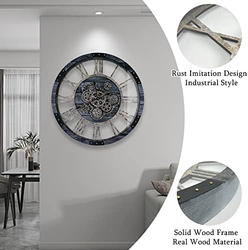 24 Inch Industrial Steampunk Wall Clock, Oversized Solid Wood Frame, Battery - Image 3
