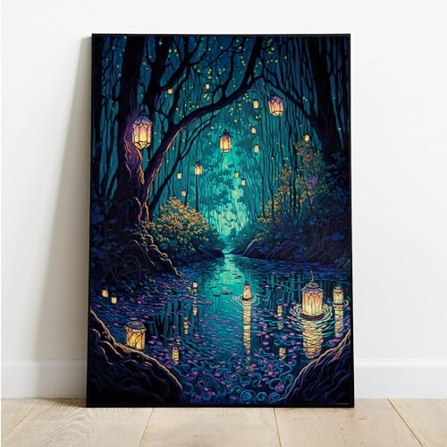 Yuaruo Fantasy Spiritual Forest Canvas Wall Art, Framed Magic Cool Lanterns on - Image 3