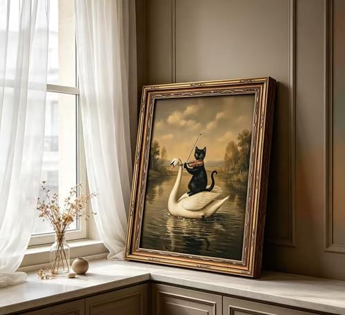 Vintage Gold Framed Black Cat Wall Art, Dark Academia Swan Painting Canvas Print - Image 2