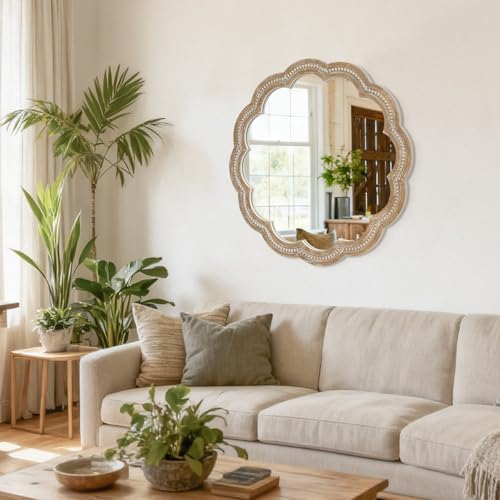 30 Inch Round Wall Mirror, Antique Brown Solid Wood Frame - Image 7