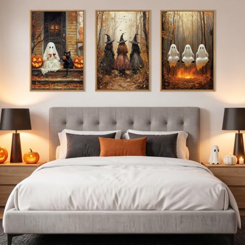 HLNIUC Framed Halloween Canvas Wall Art, Dark Witch Crow Raven Prints, Horror - Image 6