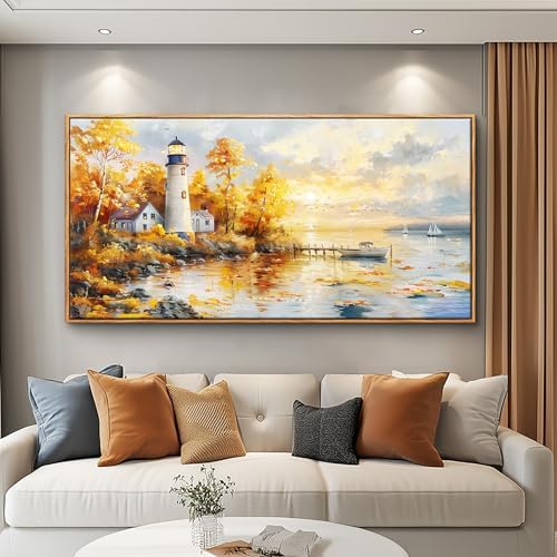 Large Framed Sunset Beach Canvas Wall Art Boat Lighthouse Seascape Painting by XIGUANGART