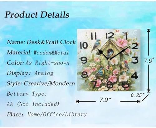 8 Inch Square Wall Clock, Lovely Flowers Birdhouse Birds Family Non Ticking - Image 3