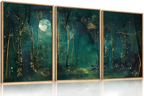 Mystical Dark Green Night Sky Framed Canvas Wall Art Set, Moody Magical by Aryroi