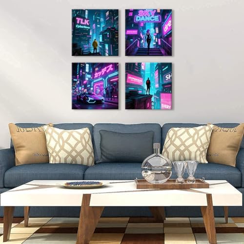 4 Piece Anime Wall Art Boy Room Wall Decor Purple Cyberpunk Canvas Decor - Image 3