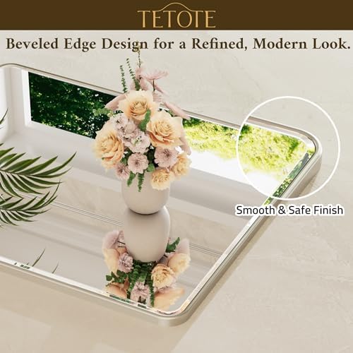 TETOTE Brushed Nickel Mirror 20 x 30 Beveled Edge Tempered Glass, Rounded - Image 4