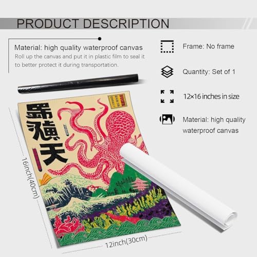 Japanese Wall Art Octopus Ocean Theme Canvas Print Vintage Ukiyo-e Sea Monster - Image 2
