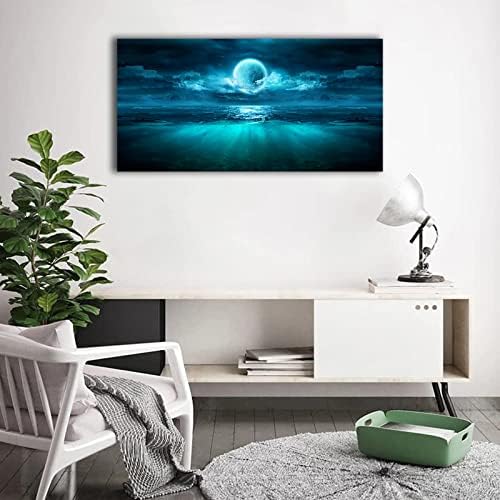 Full Moon Ocean Waves Wall Art Moon Night Canvas Pictures Dark Teal Blue - Image 4