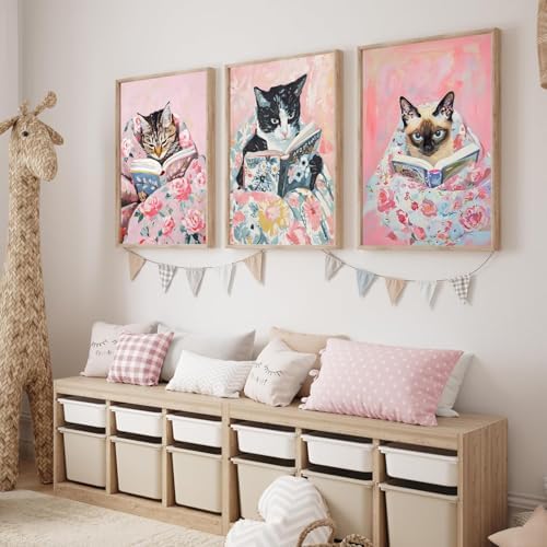 Cute Cat Reading Poster Set of 6 Funny Black Cat Book Lover Canvas Wall Art - Image 5