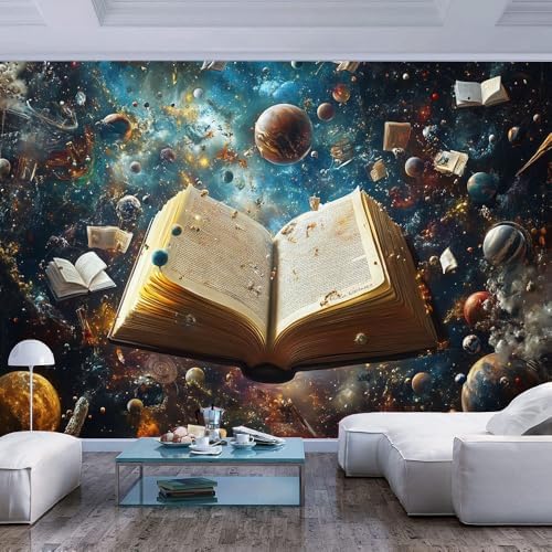 Colorful Wall Mural Wallpaper Books Planets in Space Surreal Style Hotel Lobby by Unknown