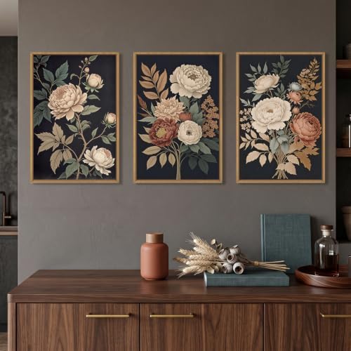 HOURIA Large Moody Dark Flower Framed Canvas Wall Art Set- 24"x36"x3 - Image 2