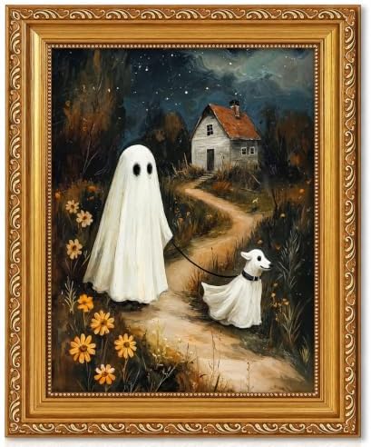 Vintage Gold Framed Rustic Cute Ghosts Dog Halloween Wall Art 12x16 Inch by QWETYY666WallArt
