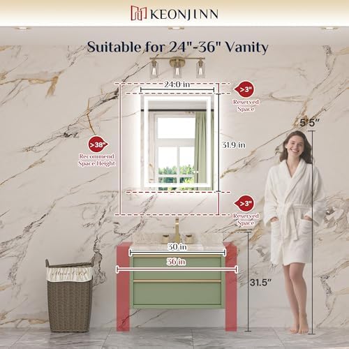 Keonjinn 24" x 32" LED Bathroom Mirror, Frontlit & Backlit, Tempered Glass - Image 2