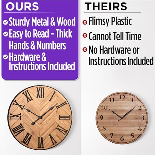 Large Wall Clock 24" Round, Silent Metal & Wood - Image 5