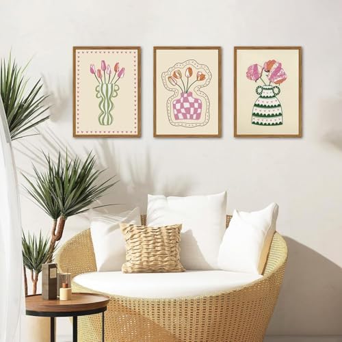 Framed Boho Floral Canvas Wall Art Set of 3, Abstract Botanical Pictures Prints - Image 2