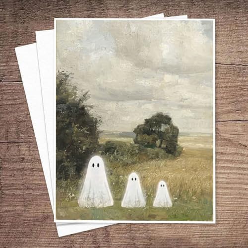 Vintage Landscape Ghost Wall Art Set of 6, Gothic Cute Ghost Halloween Canvas - Image 7