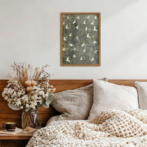 Framed Vintage Flying Bird Canvas Wall Art, Minimalist Abstract Flock of White - Image 6