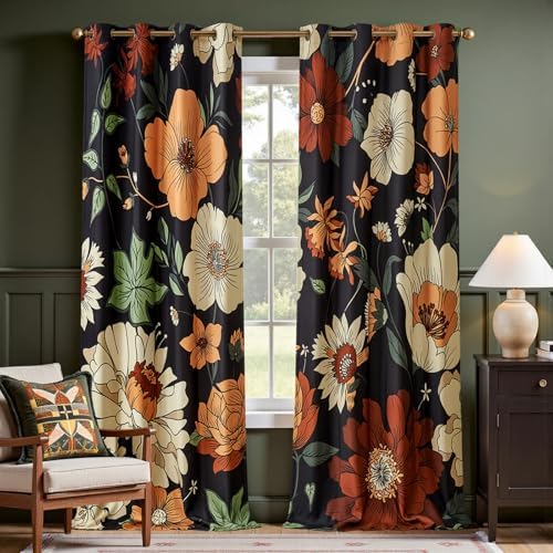 jinchan Black Boho Floral Blackout Curtains 102 Inch Grommet 2 Panels by JINCHAN