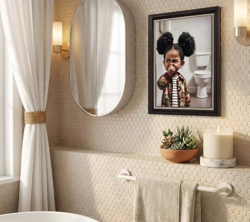 Dark Brown Framed Canvas Wall Art Funny African American Girl Bathroom Painting - Image 3