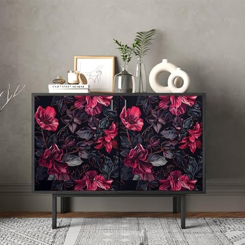 REDAMANCY Dark Black Red Pink Floral Grey Modern Flowers Leaf Peel and Stick - Image 4