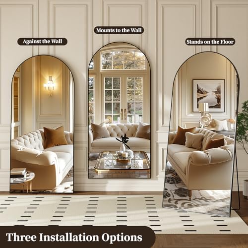 Krymnar 76"x35" Arched Full Length Mirror, Brushed Black Aluminum Frame Floor - Image 2