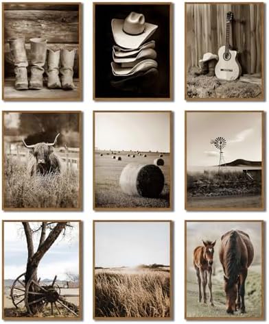 Vintage Western Canvas Wall Art Set of 9, Cowboy Prints 8x10 Inch Unframed by Unknown