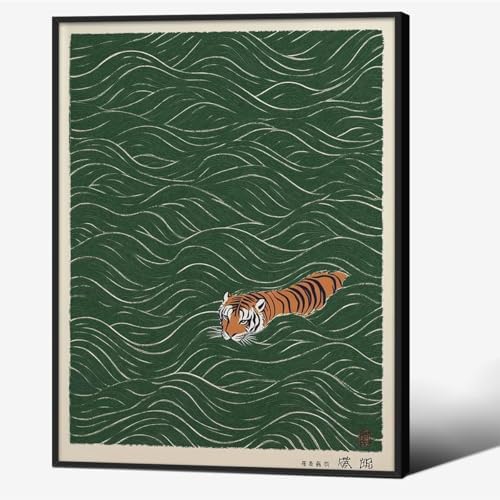 Black Framed Vintage Japanese Tiger Swimming Prints 12x16in Ukiyo-e Style Wall by Unknown