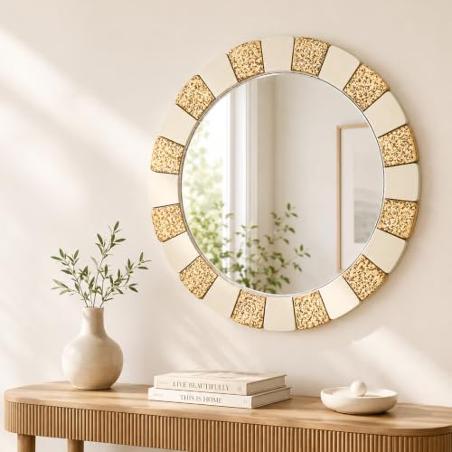 Saliwa 27 Inch Round Bathroom Mirror, Wood Framed Wall Mirror, Rustic Farmhouse - Image 4