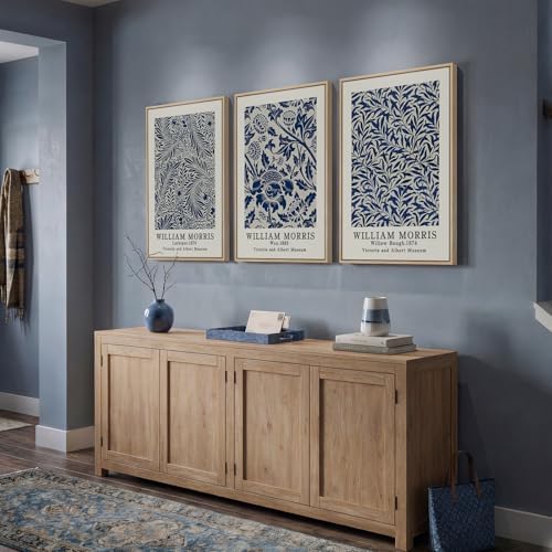 Framed William Morris Blue Botanical Canvas Wall Art Set of 3, 16x24 In - Image 3