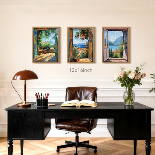 CAZLOUC Mediterranean Window View Wall Art Set of 3, Italian Coastal Balcony - Image 2