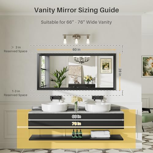 Briivue Black Metal Framed Bathroom Wall Mirror, 60x28 Inch - Image 2