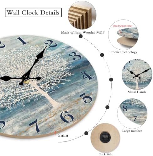 XFM Blue Silent Wooden Wall Clock 12 Inch Framhouse Tree of Life - Image 3