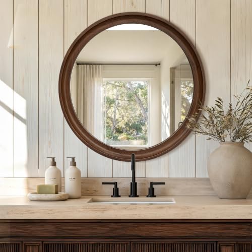 Round Wood Mirror, Walnut Brown - Image 3