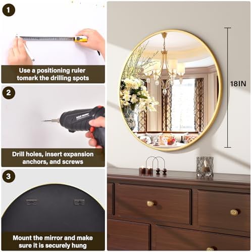 XRAMFY 18 Inch Round Gold Metal Wall Mirror - Image 3