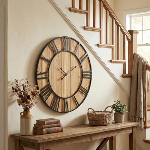 EMAX HOME Large Farmhouse Wall Clock 30 Inch Vintage Brown Wooden Wall Clock - Image 5