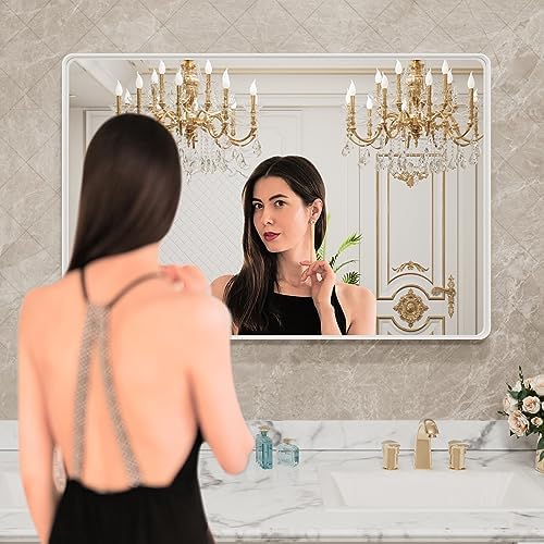 LOAAO 48x32 Inch White Metal Framed Bathroom Mirror - Image 2